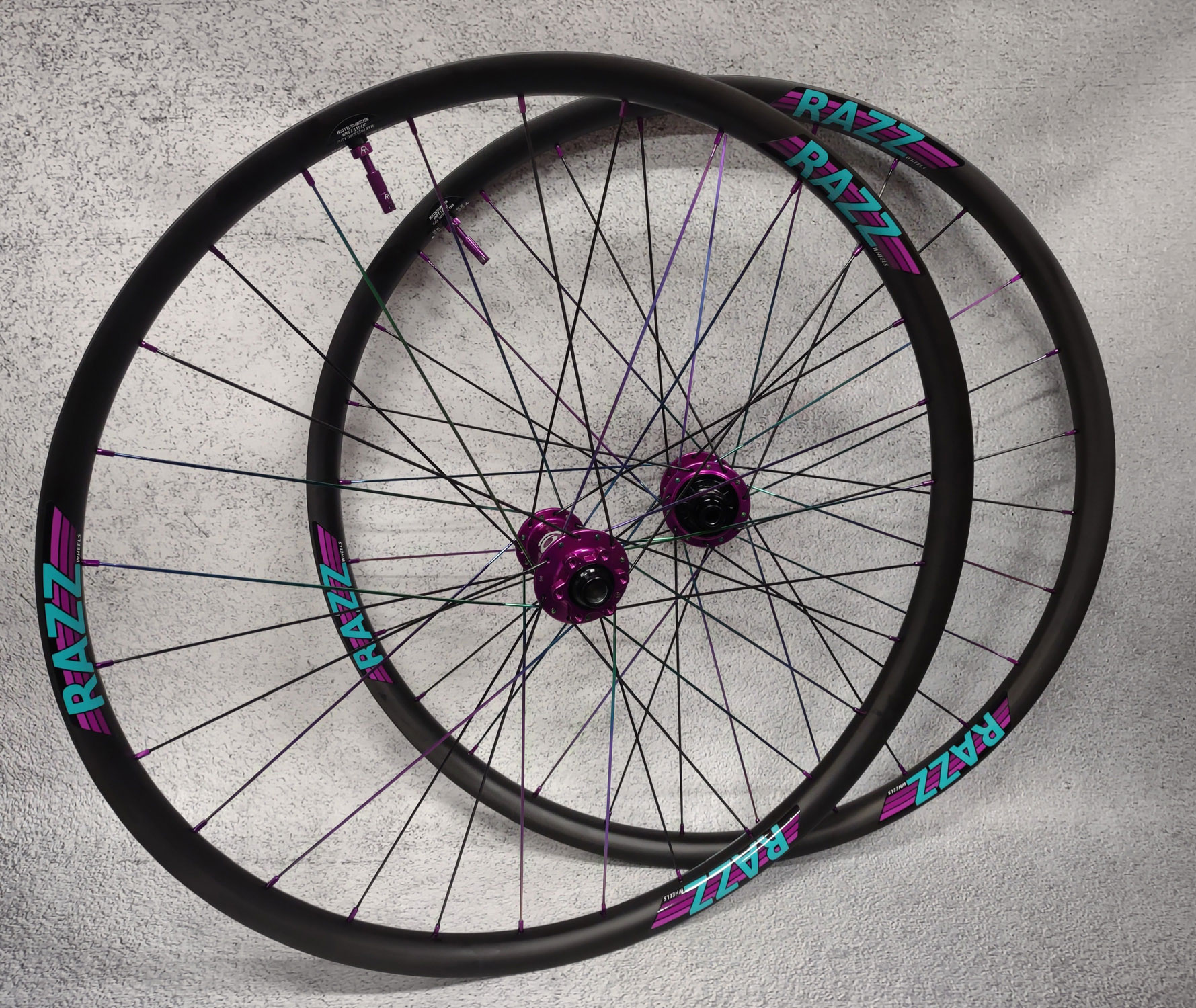Mountain bike wheelset completed by RAZZ Wheels.